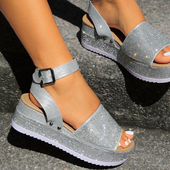 Forever Link Shoes - NEW Diamante Rhinestone Glitter Ankle Strap Platform Wedge Heel Sandals Open Toe